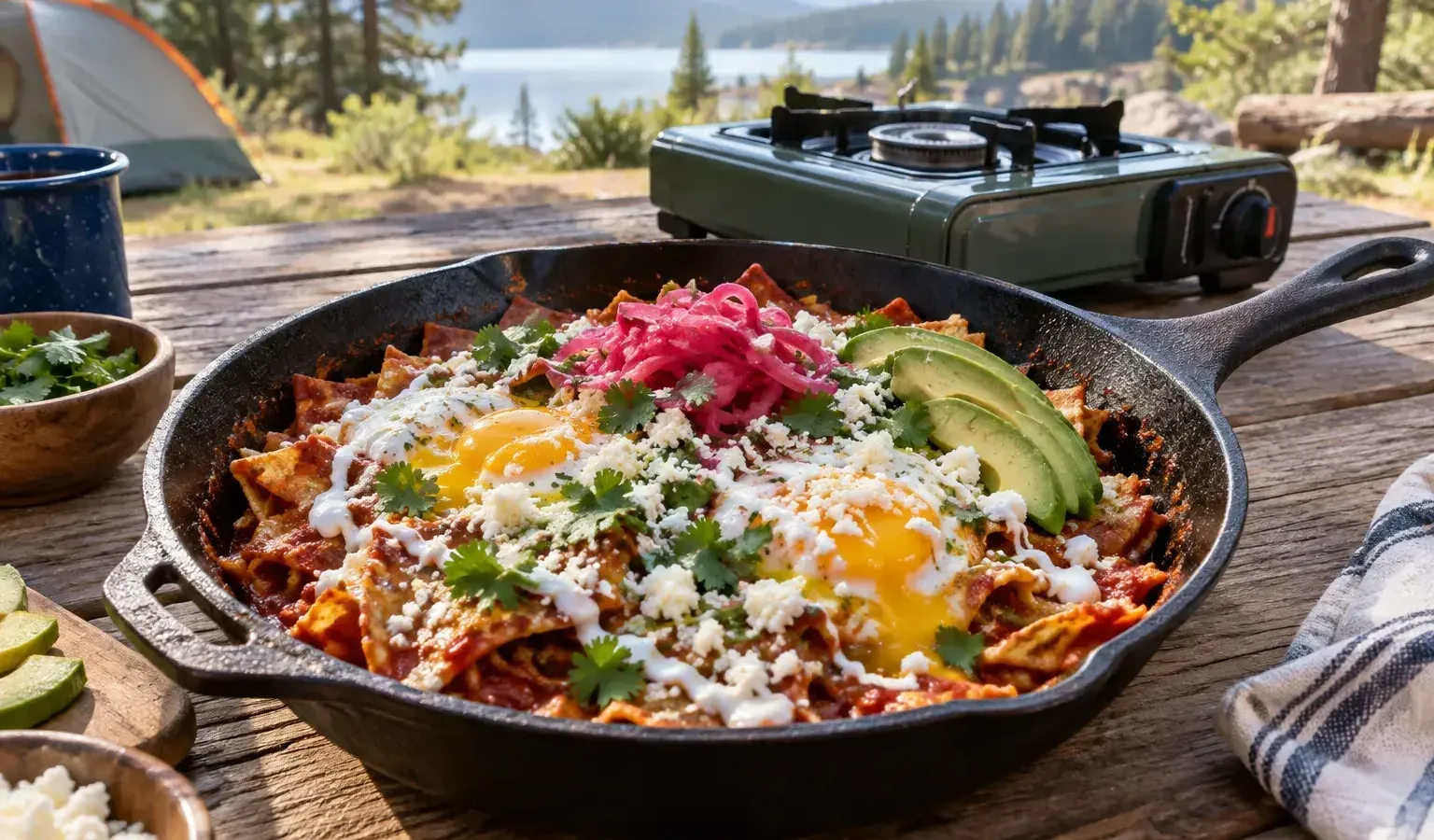 One-Burner Chilaquiles Rojos with Chorizo, Jammy Eggs and Quick-Pickled Onions