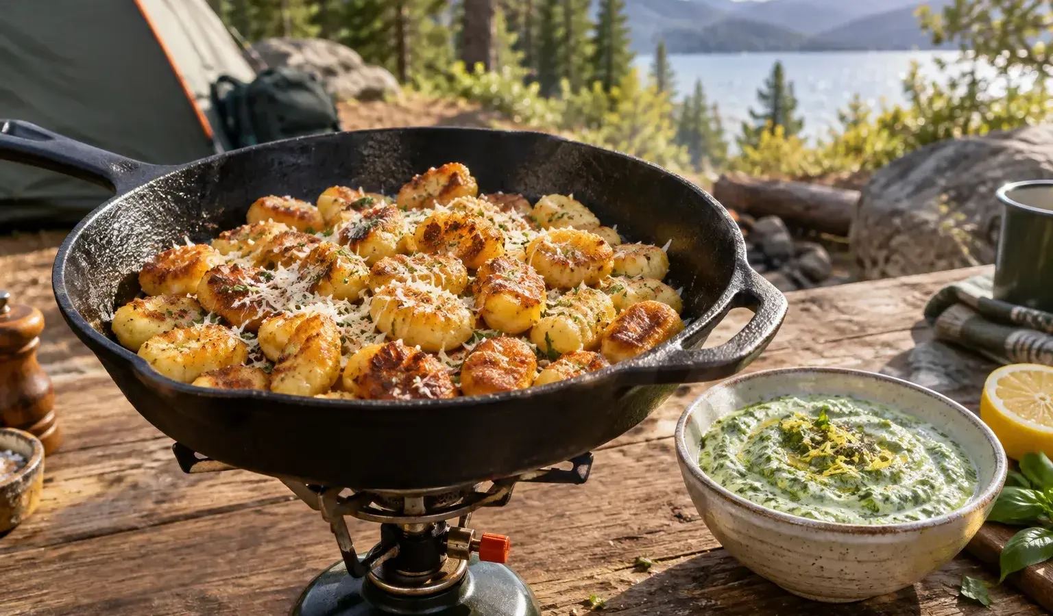 One-Burner Crispy Skillet Gnocchi Bites with Lemon-Pesto Dip