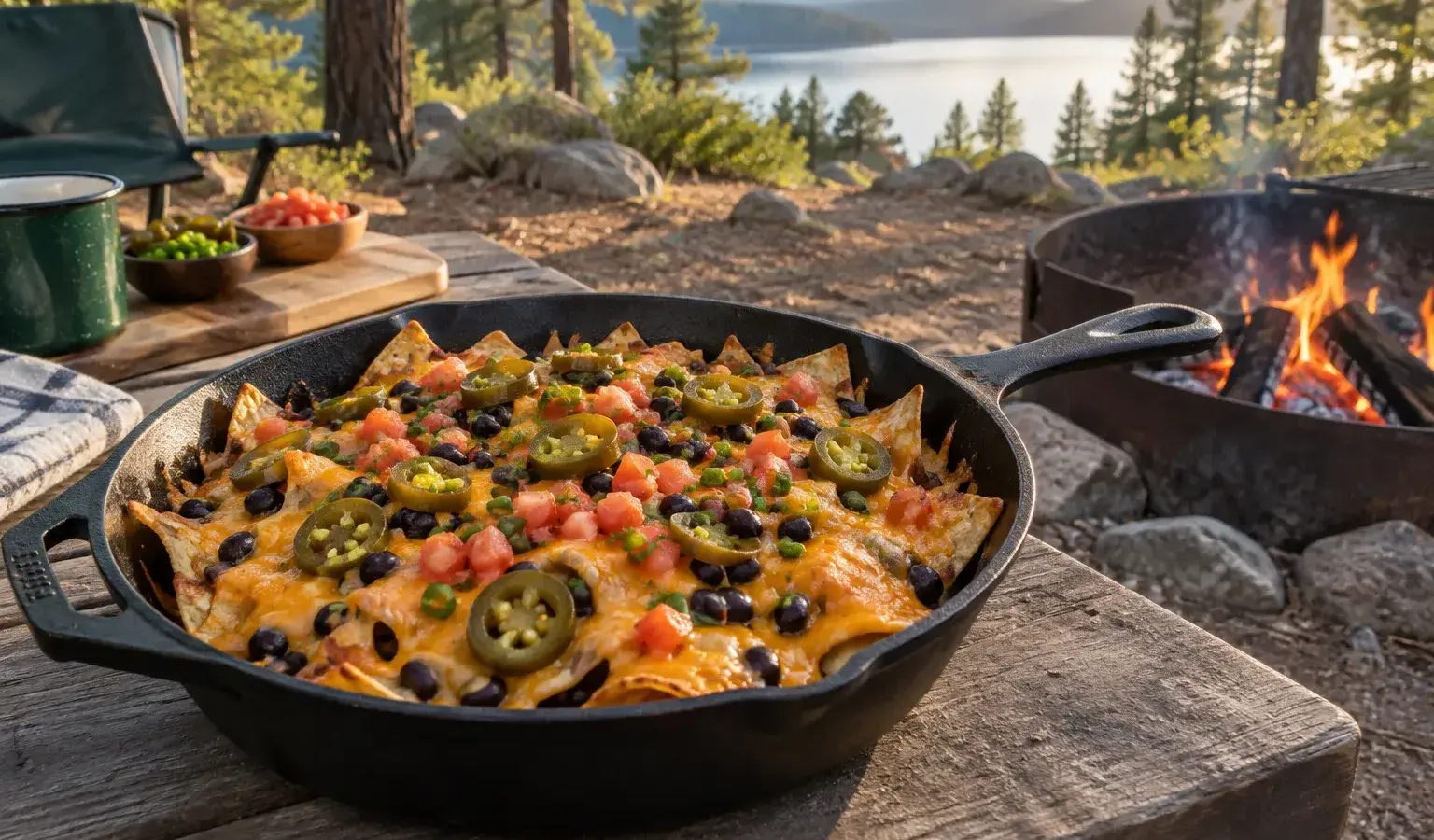 Campfire Skillet Nachos with Seasoned Beef, Black Beans and Pickled Jalapeños