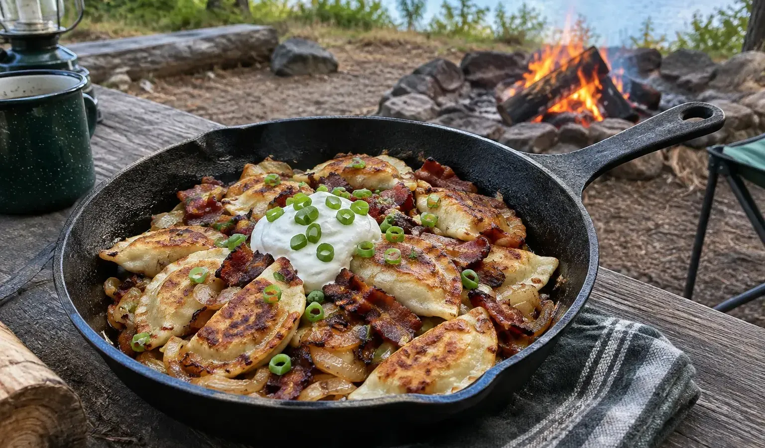 Cast-Iron Pierogi with Bacon, Caramelized Onions and Sour Cream