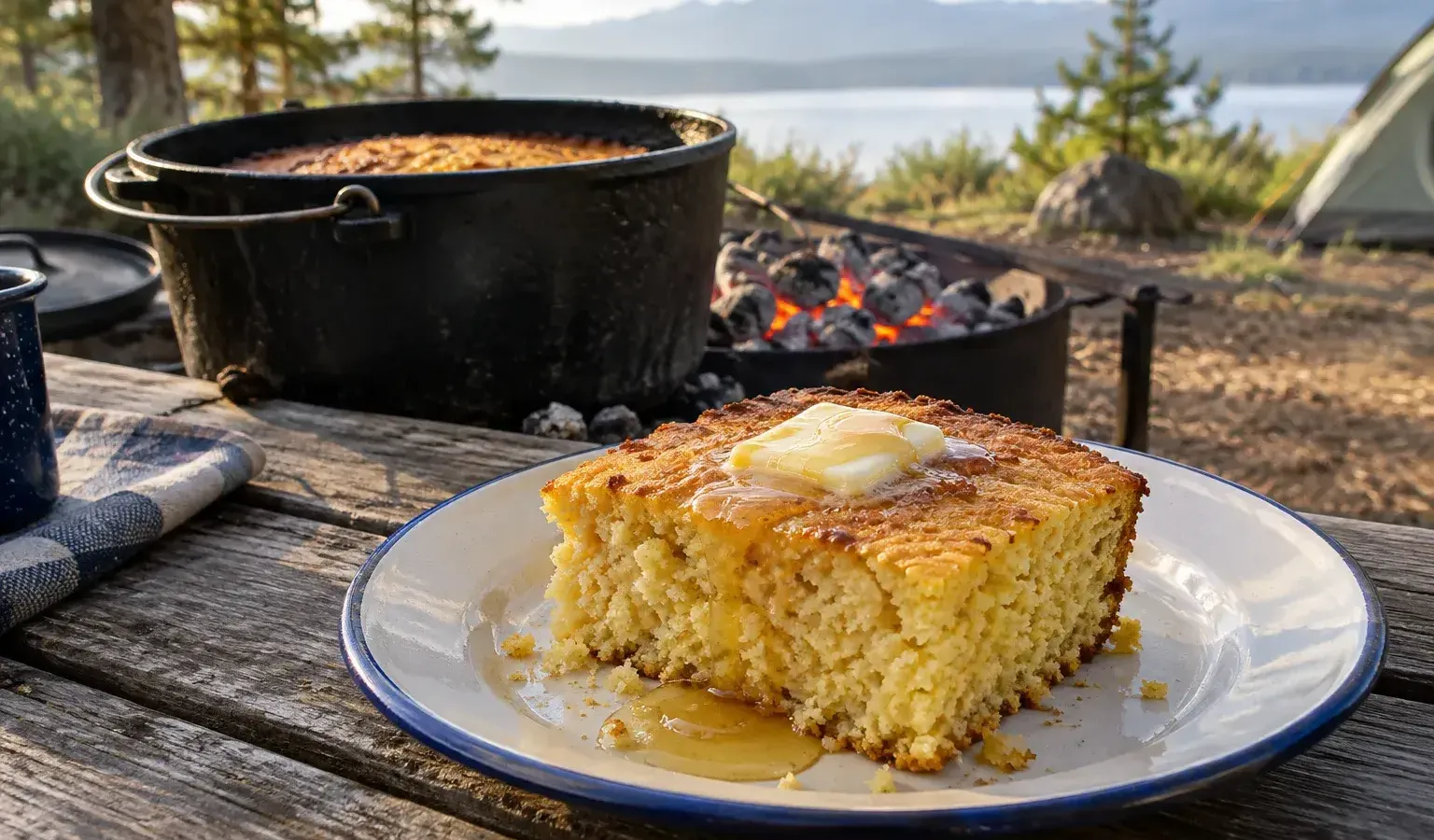 Dutch Oven Cornbread with Honey Butter over the Campfire