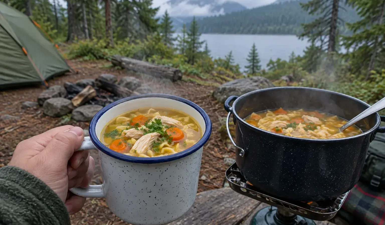 One-Pot Camp Chicken Noodle Soup with Lemon, Carrots and Thyme
