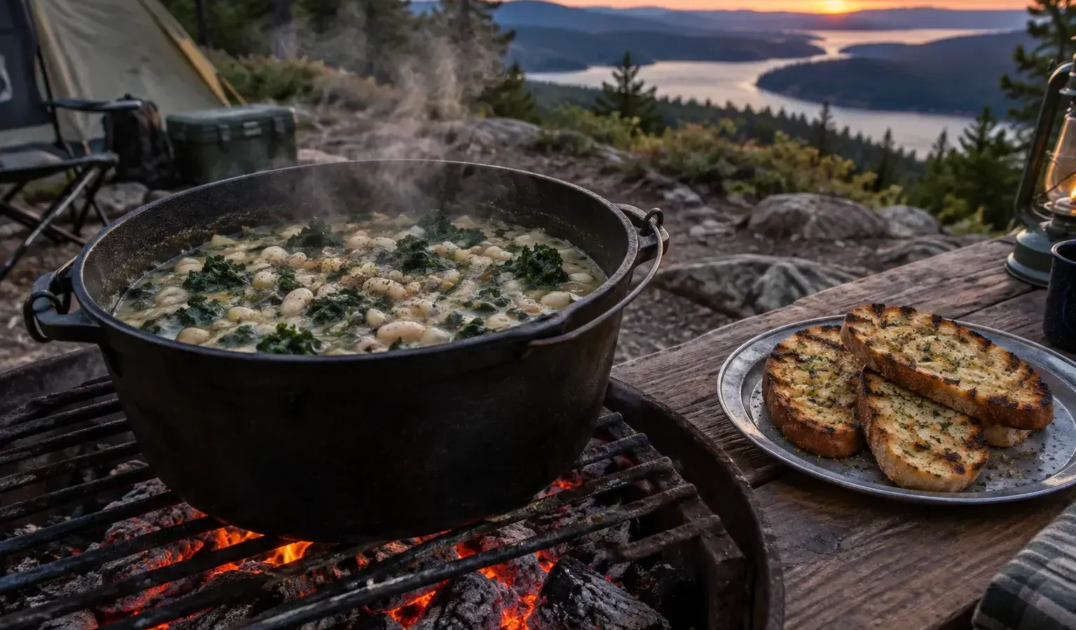 Tuscan-Style Vegan White Bean and Kale Stew with Campfire Garlic Toast