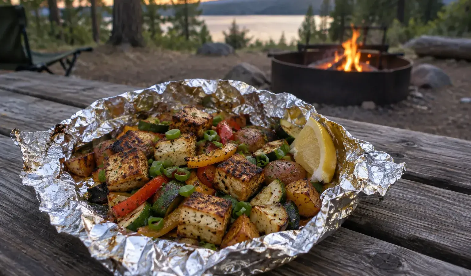 Vegan Campfire Foil Packet Dinner with Smoky Maple Tofu, Potatoes and Peppers