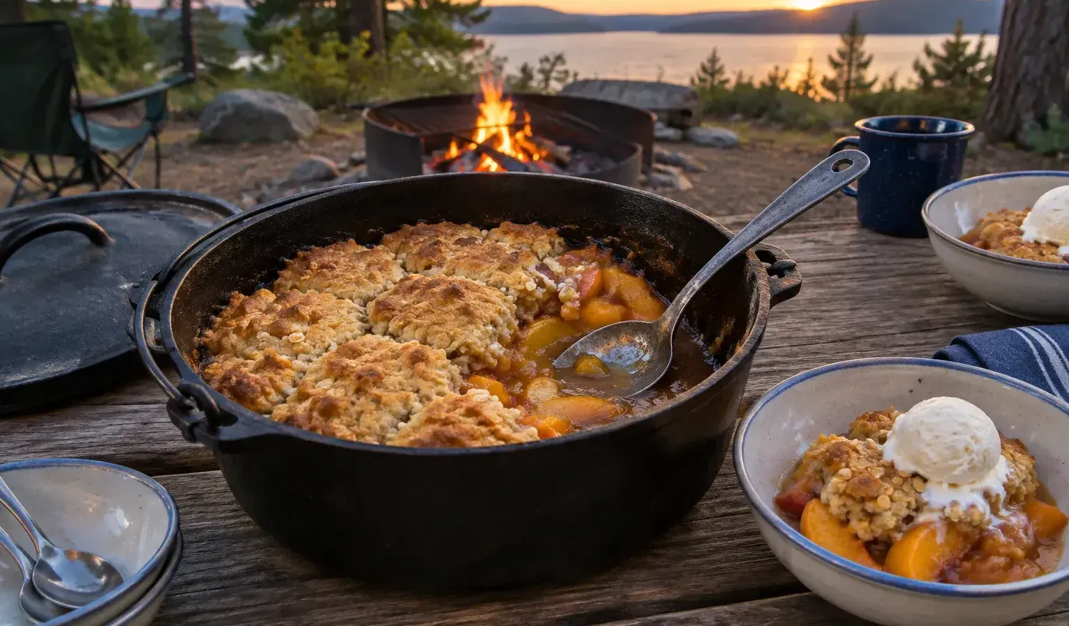 Vegan Dutch Oven Peach Cobbler with Oat Biscuit Topping over the Campfire