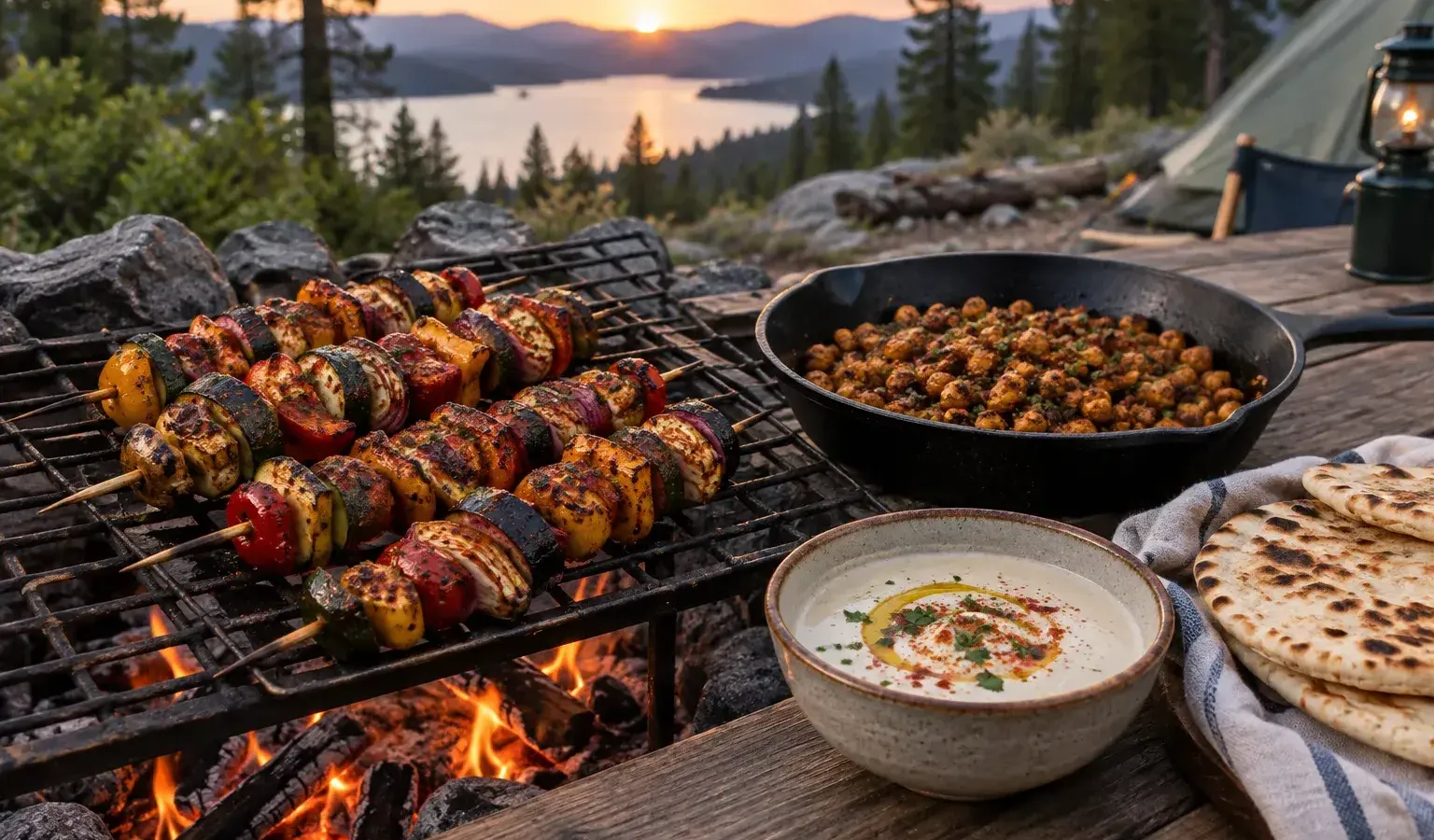 Vegan Harissa Vegetable Skewers over the Campfire with Lemon-Tahini Sauce